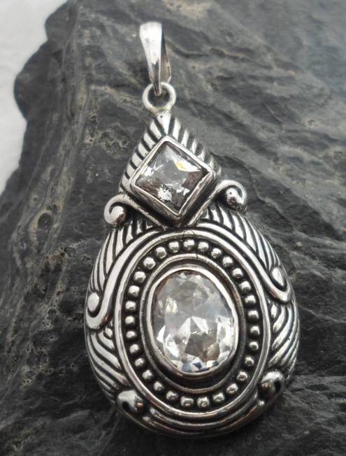Sterling Silver Art Deco Design Pendant with Two White Topaz Gemstones