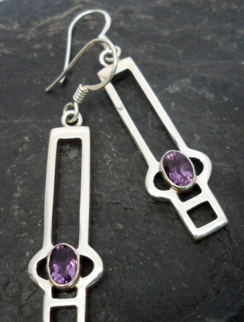Sterling Silver Purple Amethyst Earrings in Modern Geometric Design ~Designed in India