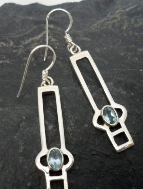 Sterling Silver Blue Topaz Earrings in Modern Geometric Design ~Designed in India