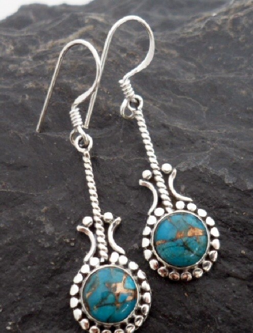 Sterling Silver Long Drop Round Mohave Turquoise Earrings ~Designed in India