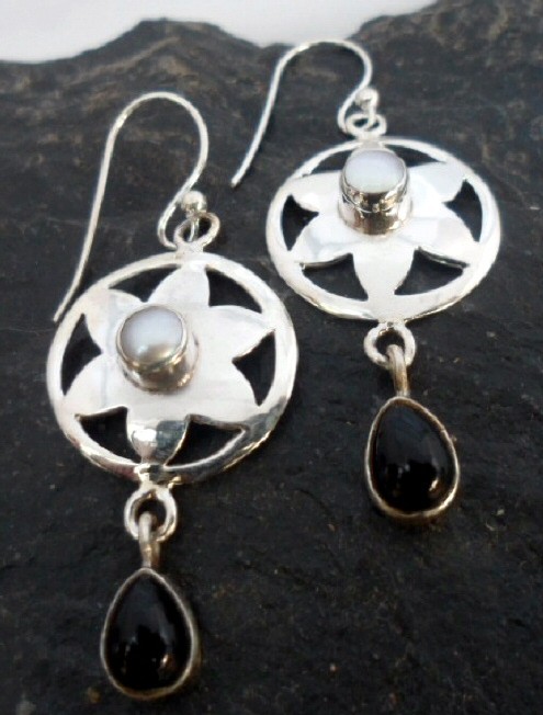 Sterling Silver Flower Earrings with Pearl and Black Onyx ~Designed in India