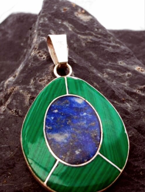 Sterling Silver Oval Malachite and Lapis Lazuli Pendant ~Made in Chile