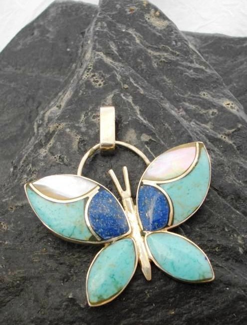 Sterling Silver Lapis Lazuli and Turquoise Butterfly Pendant Made in Chile