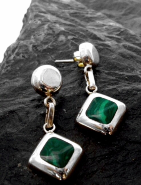 Sterling Silver Malachite Drop Diamond Shape Stud Earrings Designed in Chile