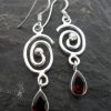 Sterling Silver Garnet Tear-Drop Earrings with Swirl Pattern~Designed in India