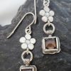 Sterling Silver Smoky Quartz Drop Earrings with Five Petaled Flower