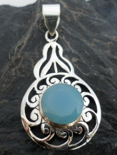 Sterling Silver Filigree Pendant with Large Round Faceted Blue Chalcedony Gemstone ~Designed in India