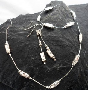 Dangly Hammered Sterling Silver Rectangular Bead Earrings and Necklace Set 