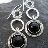 Sterling Silver Faceted Onyx Drop Earrings with Circles and Flowers