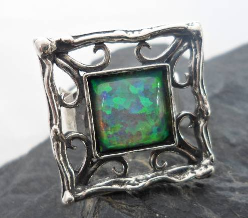 Large Sterling Silver Filigree Ring with Man Made Square Opal