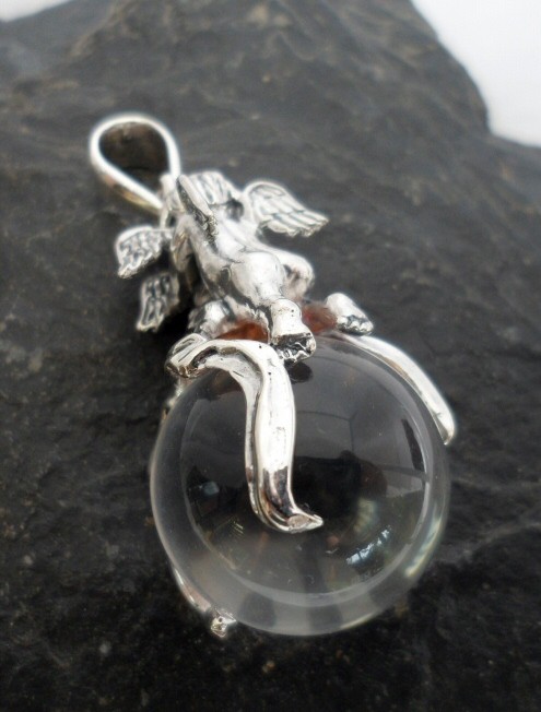 Large Sterling Silver Round Crystal Angel Pendant