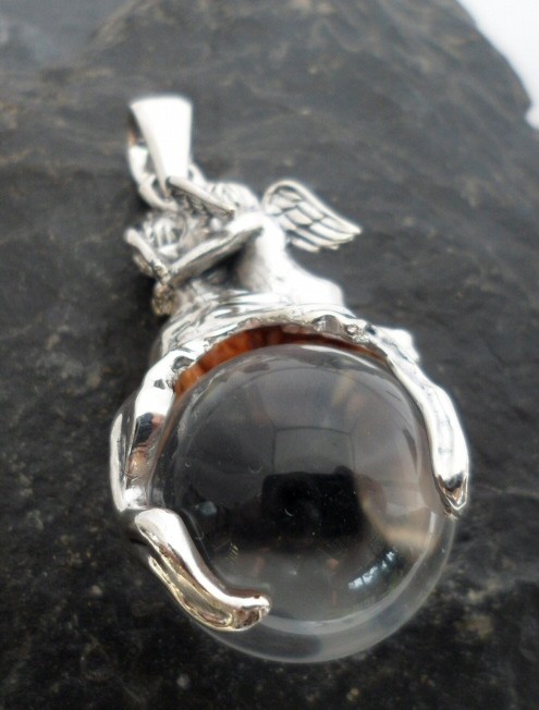Large Sterling Silver Round Crystal Angel Pendant
