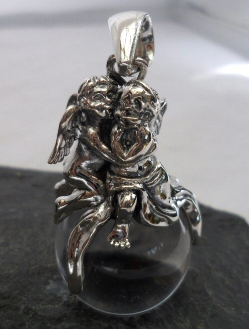 Large Sterling Silver Round Crystal Ball Angel Pendant