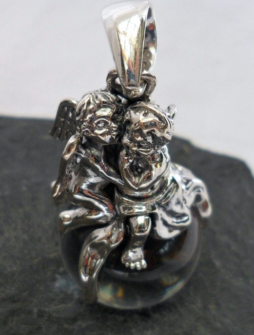 Large Sterling Silver Round Crystal Angel Pendant