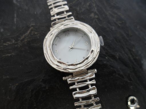 Sterling Silver Round Faced Watch with Mother of Pearl