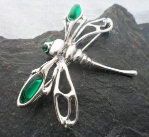 Large Sterling Silver Lab Created Emerald Dragonfly Brooch-Pendant