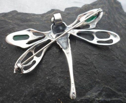 Large Sterling Silver Lab Created Emerald Dragonfly Brooch-Pendant