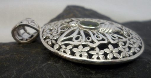 Large Oval Filigree Sterling Silver Peridot Butterfly Pendant