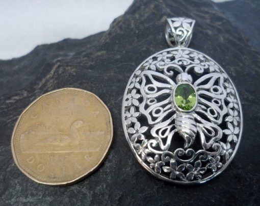Large Oval Filigree Sterling Silver Peridot Butterfly Pendant