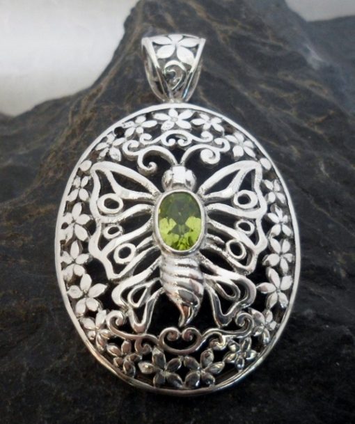 Large Oval Filigree Sterling Silver Peridot Butterfly Pendant