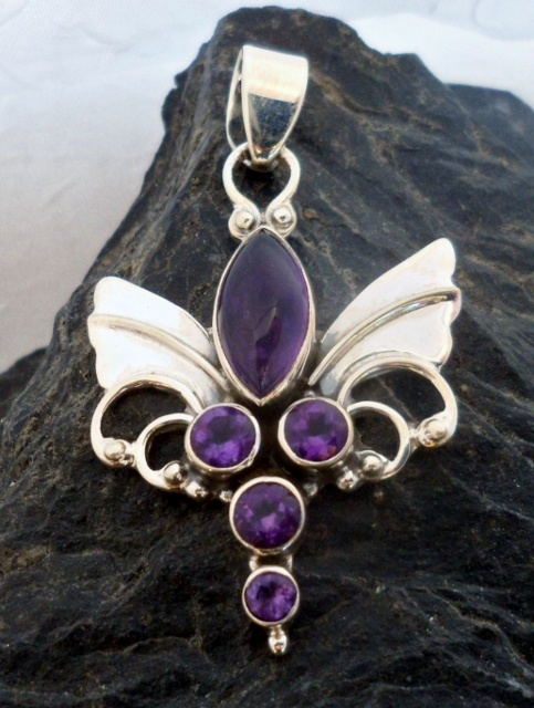Purple Crystal CZ Pendant Guardian Angel 925 Sterling Silver Wave Chain Necklace