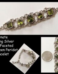 Handcrafted Balinese sterling silver bracelet featuring bezel-set faceted green Peridot gemstones in oval, rectangular and round shapes.